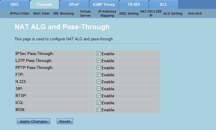 Configurarea setărilor AGL Pagina NAT ALG and Passthrough (ALG NAT şi acces) vă dă posibilitatea să permiteţi anumitor protocoale sau aplicaţii să treacă de paravanul de securitate a reţelei.