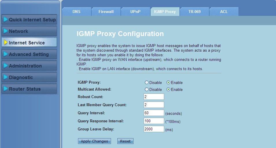 Configurarea setărilor Configurare IGMP Pagina IGMP (Internet Group Management Protocol) Proxy Configuration (Configurare proxy IGMP) vă permite să configuraţi cantitatea de pachete IPTV pe care să