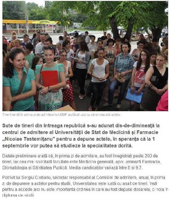 Denumirea canalului media: www.diez.md Titlul știrii: ADMITERE 2014: Sute de tineri interesați de a face studii în medicină și farmacie Data publicării: 21.07.