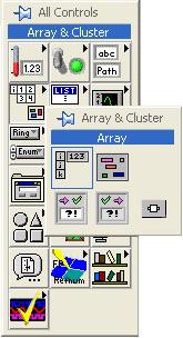Crearea Array-urilor de Controale și Indicatoare Se va selecta Array din subpaleta Controls >> All Controls >> Array and Cluster Atunci cand un element de tipul Array se dispune pe panou,