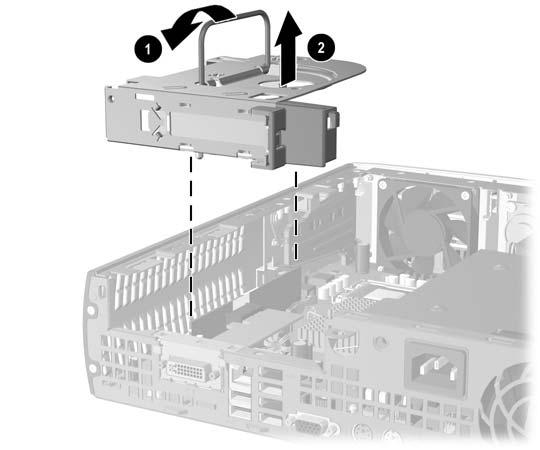 7. Ridicaţi mânerul (1) de pe ansamblul plăcii de extensie şi trageţi ansamblul drept în sus, în afara computerului (2). Figura 2-12 Scoaterea suportului plăcii de extensie PCI Express 8.