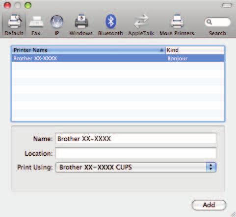 Imprimarea în reţea de pe Macintosh e Selectaţi Brother PT-9800PCN, iar apoi faceţi clic pe Add (Adăugare).