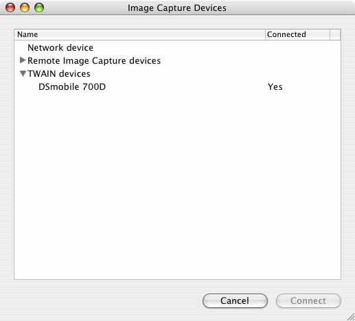 Utilizarea cu Mac OS X f Se afişează fereastra Image Capture Devices (Dispozitive Image Capture). 2 g Faceţi clic pe DSmobile 700D.