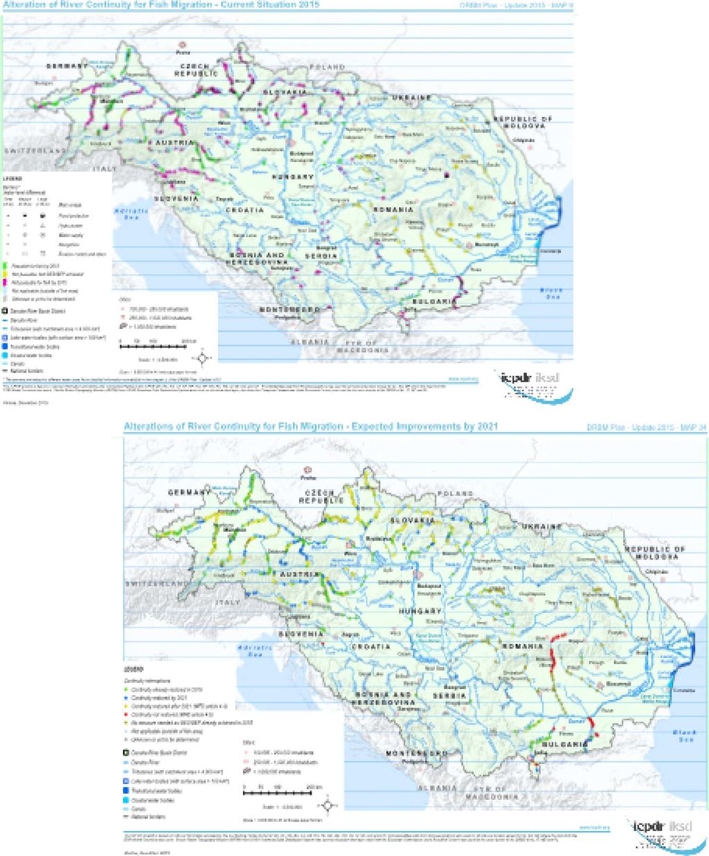 18.6.2018 C 213/17 Districtul bazinului hidrografic al Dunării: Întreruperea continuității râurilor și a habitatelor (sus) situația actuală în 2015 (harta 1); îmbunătățiri preconizate până în 2021