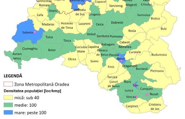 Harta 2-1 Densitatea populaţiei Cea mai ridicată densitate a locuitorilor se întâlneşte în Oradea (1.768 loc/km 2 ) şi în celelalte municipii, precum şi în zonele din apropierea acestora.