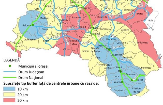 maximum 30 km faţă de centrele urbane. La o distanţă mai mare faţă de centrele urbane mari sunt comunele din zona montană (Bratca, Budureasa, ş.a.), sau cele din Valea Crişului Negru (Holod, Cociuba Mare, Olcea, ş.