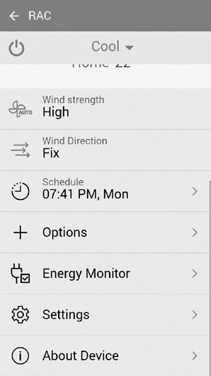 Setarea aparatului de aer condiționat (pentru sistemul de operare Android) Energy Monitor (Monitorul de consum energetic) ffapăsați butonul Energy Monitor (Monitorul de consum energetic) de pe
