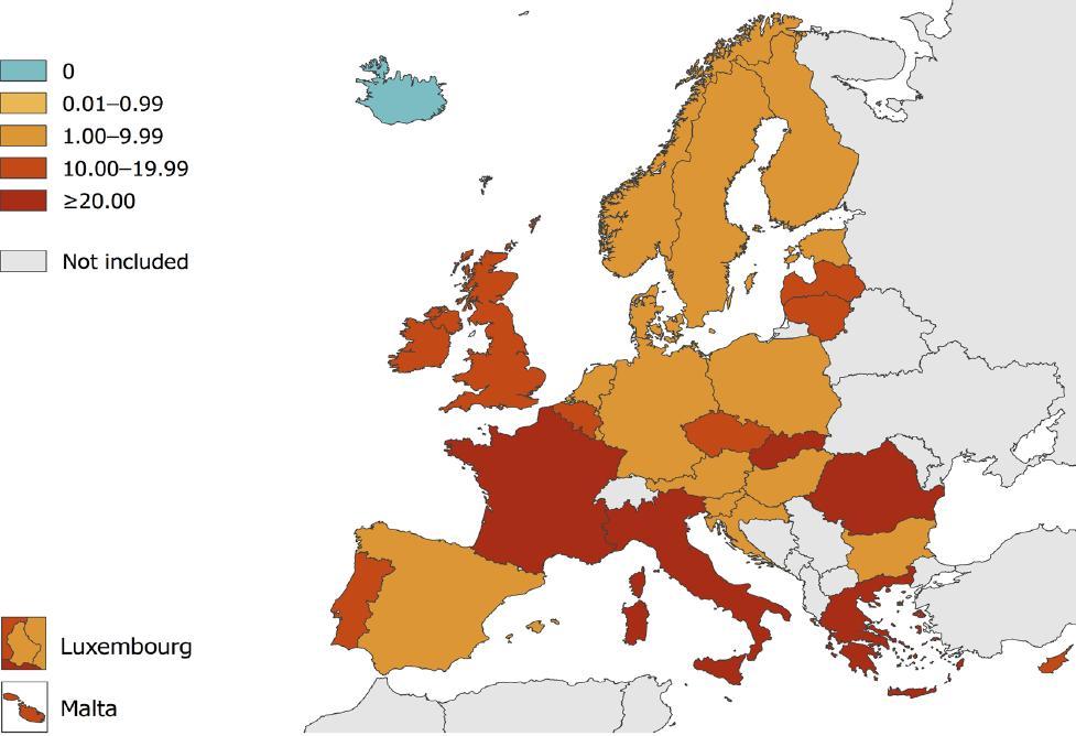 Rate de notificare peste media UE/SEE (23,9) au fost raportate de Grecia (212,9), Slovacia (105,2), România (55,3), Franța (43,5) și Italia (41,5).