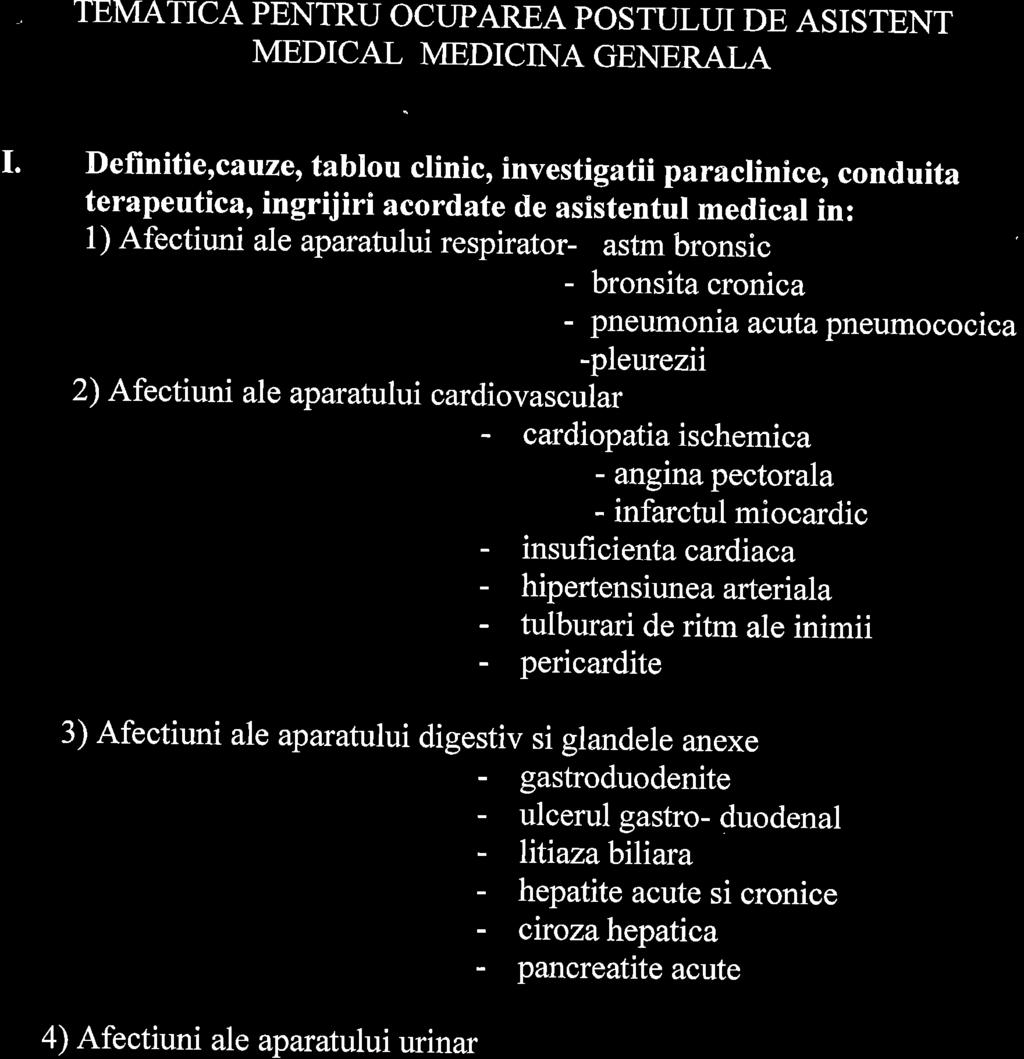 (? TEMATICA PENTRU OCUPAREA POSTULUI DE ASISTENT MEDICAL MEDICINA GENERALA I.