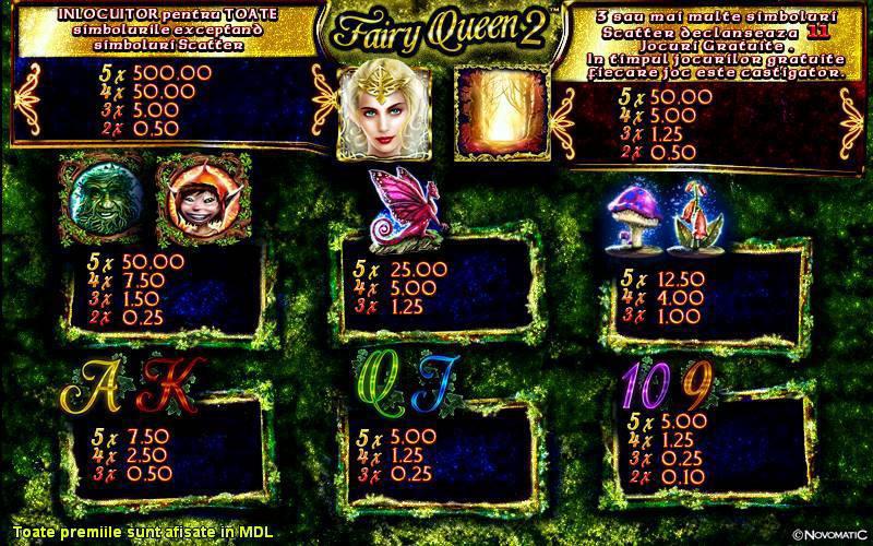 Fairy Queen 2 Tipul jocului: 10 linii, 5 cilindri și jocuri speciale - Fairy Queen înlocuiește toate simbolurile, cu excepția Poarta Mistică.