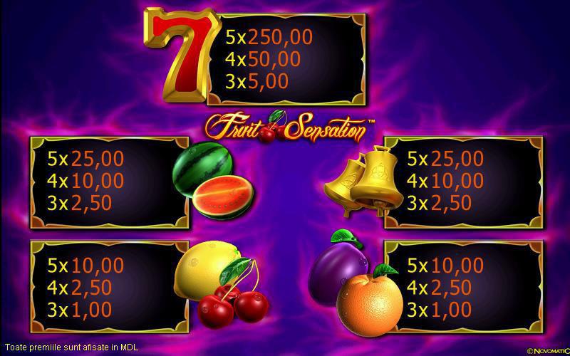 Fruit Sensation Tipul jocului: 10 linii, 5 cilindri - Toate plățile sunt pentru combinații de la stânga spre dreapta.