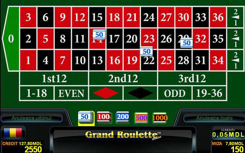 Grand Roulette Deluxe Tipul jocului: Ruletă franțuzească Tipul mizei Plata Straight-up 35 la 1 Split 17 la 1 Street 11 la 1 Primele 3 (0, 1, 2) 11 la 1 Corner 8 la 1 Six line 8 la 1 Duzină 5 la 1