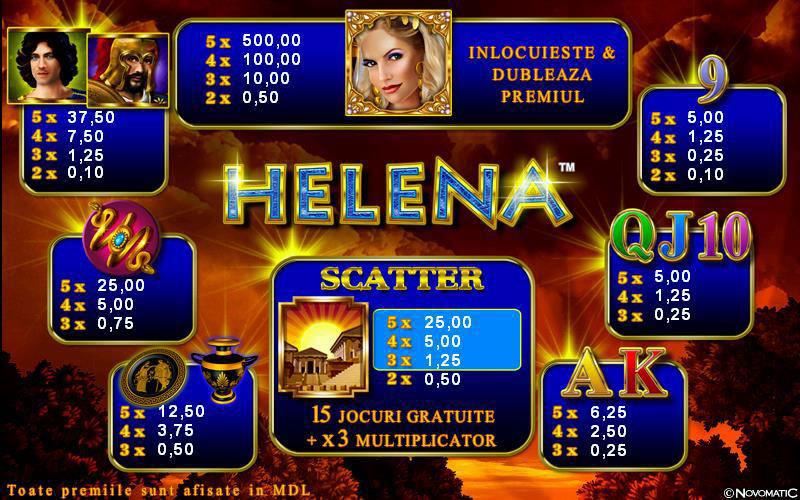 Helena Tipul jocului: 10 linii, 5 cilindri, și jocuri speciale - Simbolul HELENA înlocuiește toate simbolurile mai puțin simbolul SCATTER TEMPLU.