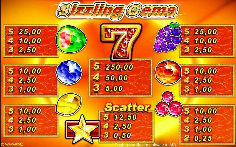 Sizzling Gems Tipul jocului: 5 linii, 5 cilindri - Toate plățile sunt pentru combinații de la stânga spre dreapta, cu excepția SCATTER.
