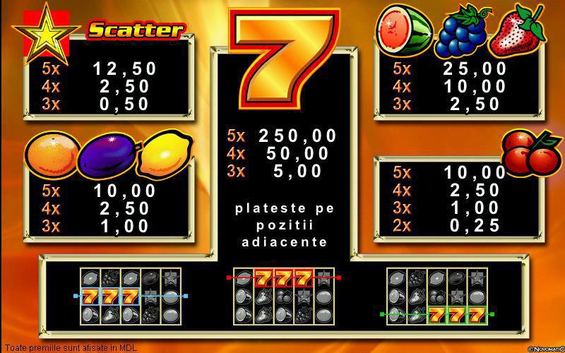 Sizzling Gold Tipul jocului: 5 linii, 5 cilindri - Toate plățile sunt pentru combinații de la stânga spre dreapta, cu excepția simbolului STEA, care plătește oriunde pe ecran si 7even, care plătește
