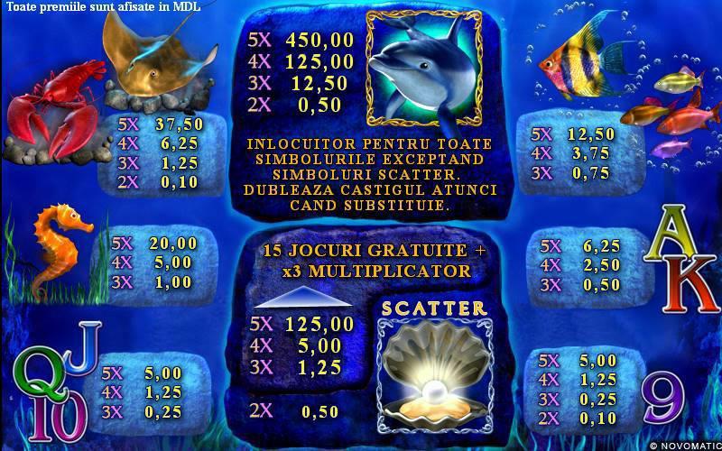 Dolphin s Pearl Deluxe Tipul jocului: 10 linii, 5 cilindri și jocuri speciale - Simbolul DELFIN înlocuiește toate simbolurile mai puțin simbolul SCATTER PERLA.