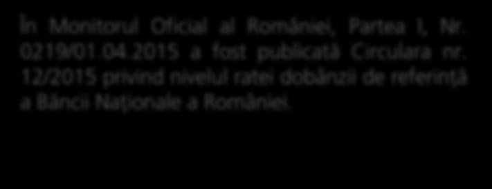 0219/01.04.2015 a fost publicată Circulara nr. 12/2015 privind nivelul ratei dobânzii de referinţă a Băncii Naţionale a României.