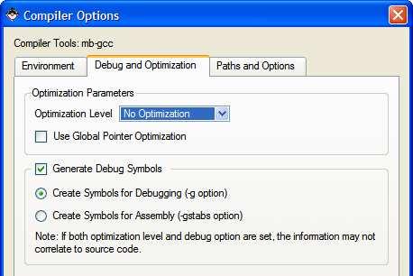 ❺ În panoul Application, executaţi un clic dublu pe Compiler Options, selectaţi panoul Debug and Optimization şi setaţi opţiunea Optimization Level la No Optimization (figura 2-12).