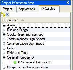 ❶ Selectaţi panoul IP Catalog în fereastra din stânga şi executaţi un clic pe semnul + din dreptul intrării General Purpose IO pentru a se afişa modulele disponibile pentru această categorie (figura
