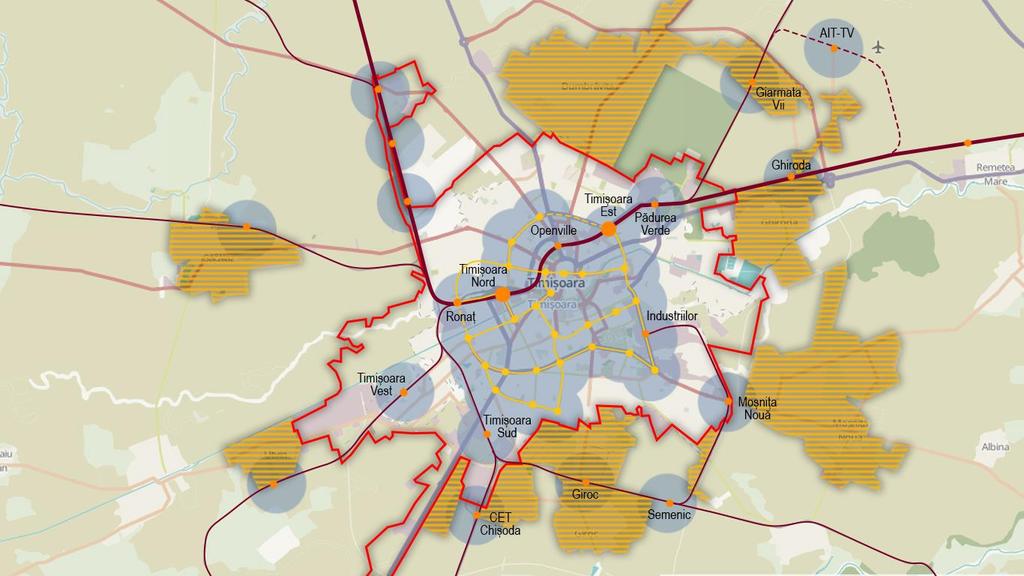 sistem TTT în ADIPCT și zonele deservite cu raze urbane de 500m Sursa: Radoslav & Danciu, 2017