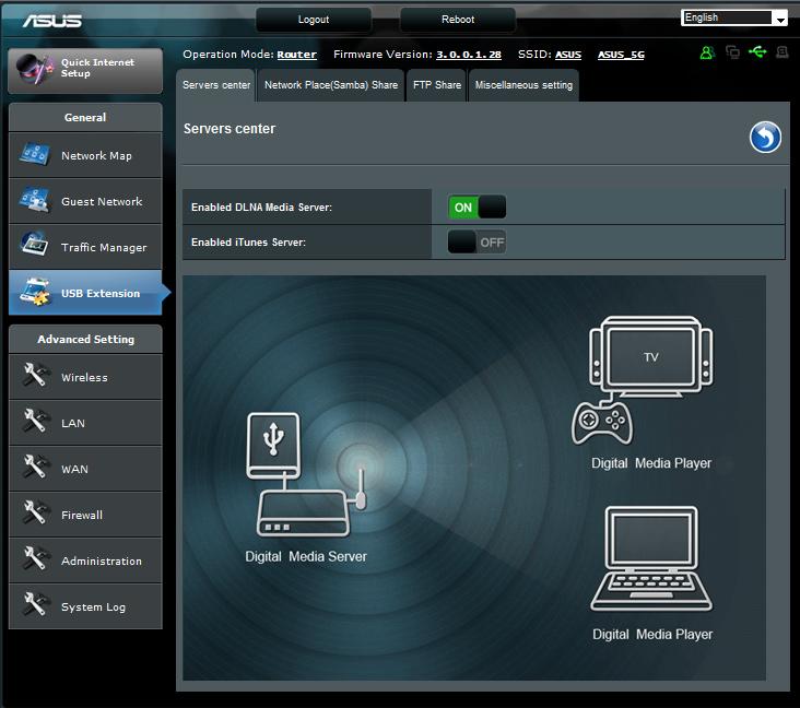 Utilizarea serviciului Servers Center (Centru servere) Ruterul wireless permite dispozitivelor multimedia UPnP (Universal Plug and Play), ca de exemplu PS3 şi XBox 360, să acceseze fişiere multimedia