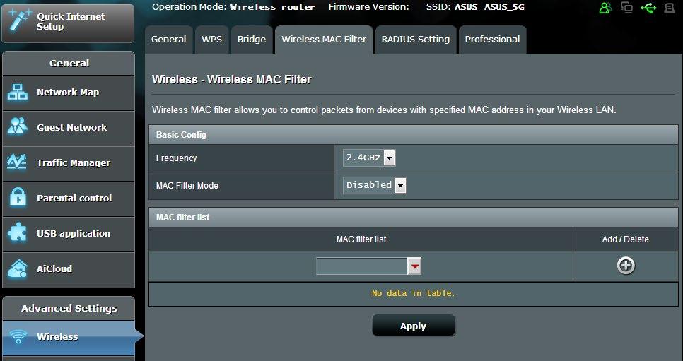 4.1.3 Wireless MAC Filter (Filtru MAC wireless) Filtrul MAC wireless asigură controlul asupra pachetelor transmise către o anumită adresă MAC (Media Access Control - control acces media) din reţeaua