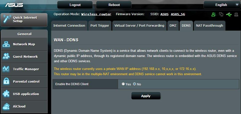 4.3.5 DDNS Configurarea DDNS (Dynamic DNS - DNS dinamic) vă permite să accesaţi ruterul din exteriorul reţelei prin intermediul serviciului ASUS DDNS sau al unui alt serviciu DDNS.