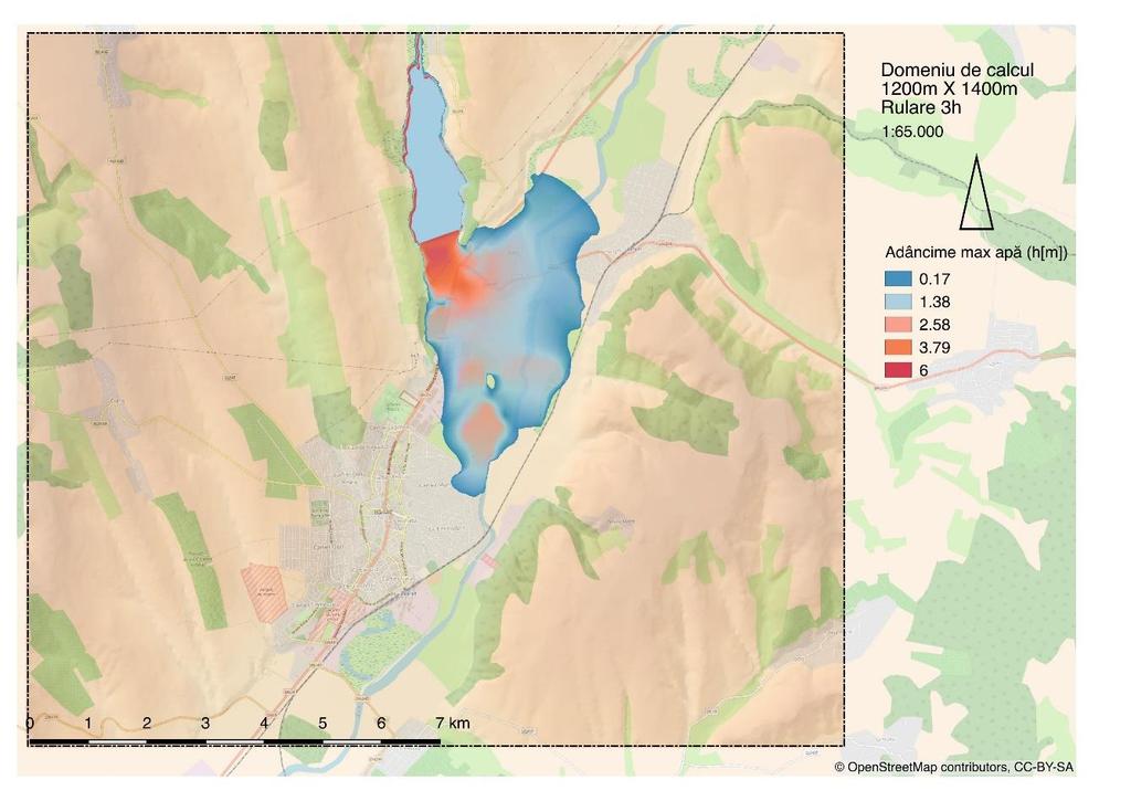 Rezultate simulării inundabilității în cazul ruperii barajului Râpa Albastră Hărțile din figurile 4 și 5 reprezintă distribuția spațială a adâncimilor maxime ale apei (h[m]) pentru o simulare de 3h.