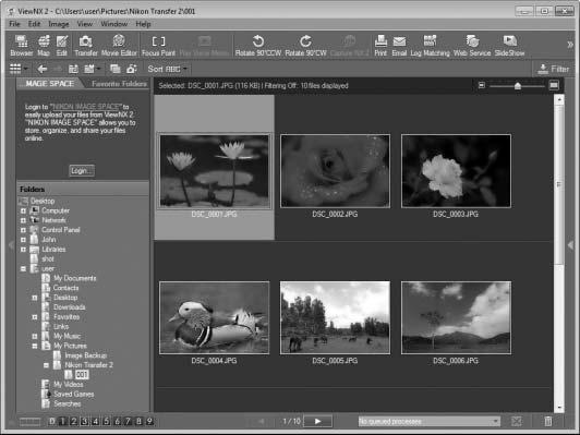 Vizualizaţi imagini Fotografiile sunt afişate în ViewNX 2 la sfârşitul transferului. A Pornirea manuală a ViewNX 2 Windows: Faceţi dublu clic pe scurtătura ViewNX 2 de pe desktop.