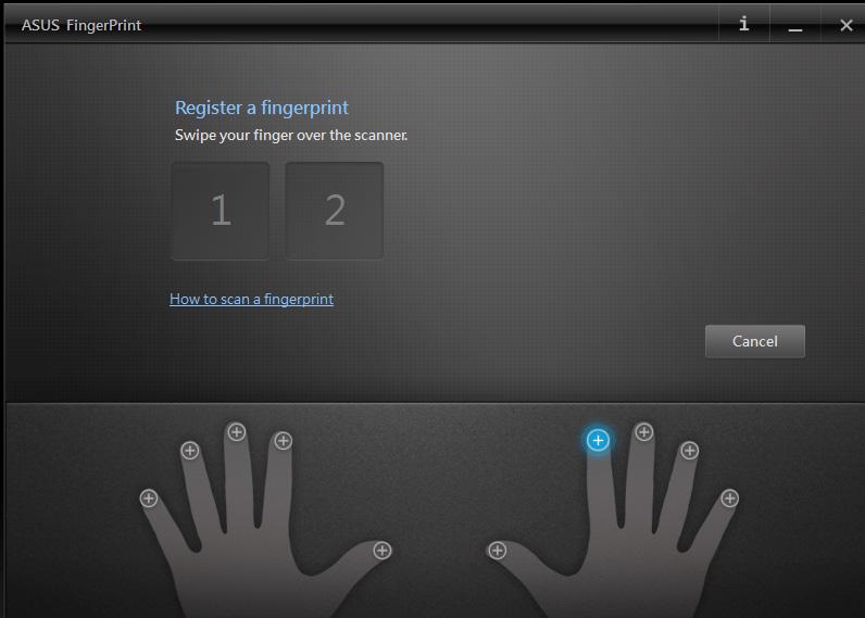 4. Faceţi clic pe în ilustraţia degetului care corespunde aceluiaşi deget pe care doriţi să îl utilizaţi ca date biometrice de amprentă. 5.