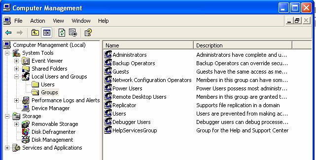 Iată un exemplu de grupuri preconstruite pentru sistemul de operare Windows XP Professional: Pentru sistemele de operare Windows Server 2003 grupurile preconstruite sunt: La instalarea sistemului de