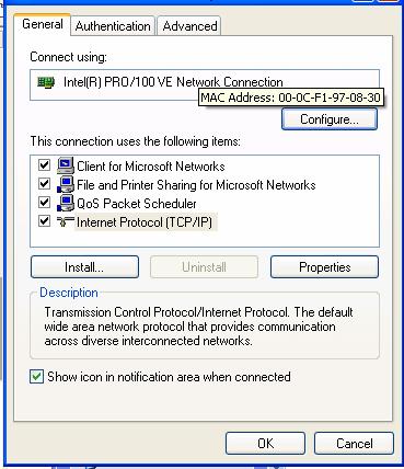componenta client / server: client for Microsoft Networks sau file and printer Sharing for Microsoft Networks Transport: TCP Reţea: IP protocol Driver: Intel PRO/100 VE Placa de reţea: Adresa MAC
