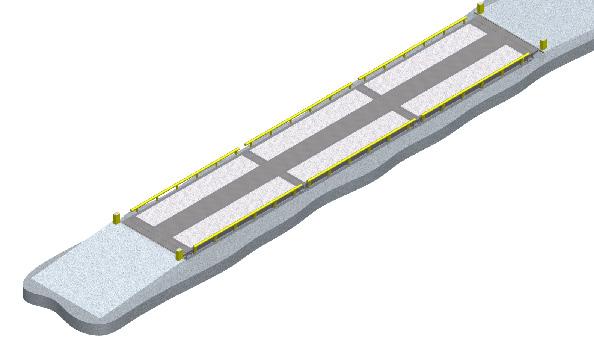 longitudinal și transversal. Cale de rulare prefabricată (armată și betonată în fabrică). Înălțime platformă 25cm.