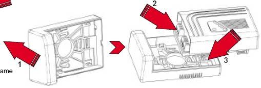 3) Introduceţi detectorul de scăpări gaze în doza de perete şi fixaţi-l prin strângerea celor două şuruburi livrate în kitul standard. 4) Montaţi placa aleasă.
