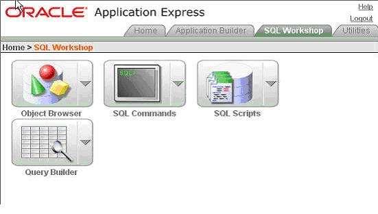 Cand va logati la Oracle Application Express si selectati SQL Workshop puteti alege sa folositi: 1.