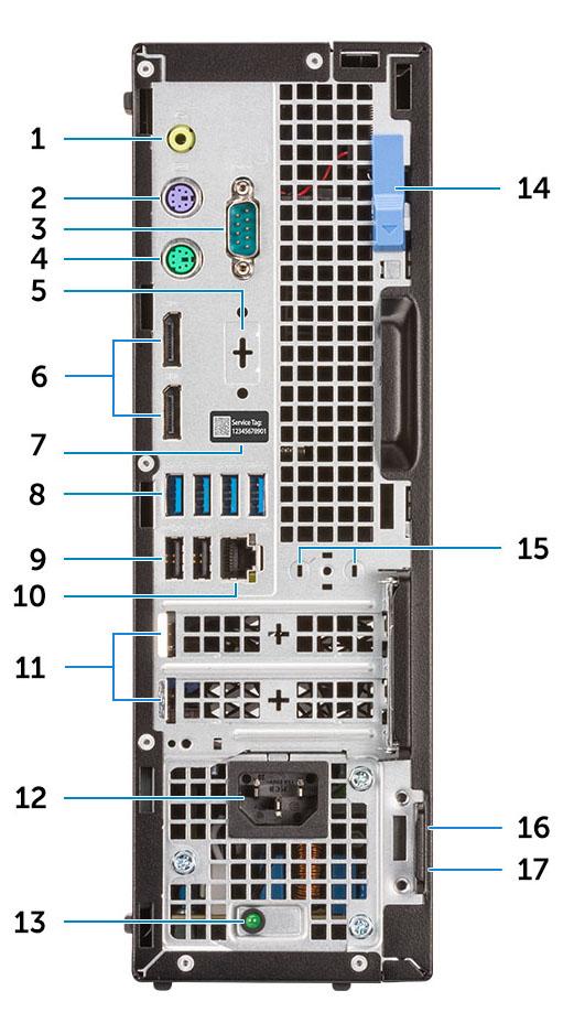 9 USB 3.1 Gen 1 port Vedere din spate 1 Port de ieşire 2 Port PS/2 pentru tastatură 3 Port serial (opţional) 4 Port PS/2 pentru mouse 5 Port DisplayPort/HDMI 2.