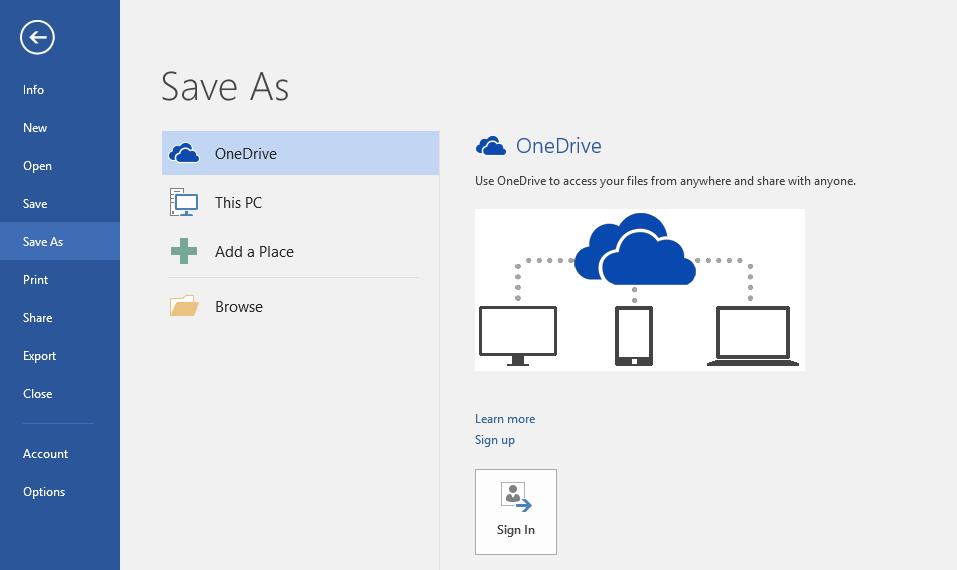 Pentru a salva fișierul online, alegeți opțiunea OneDrive. Autentificați-vă în contul dvs. OneDrive pentru a continua.