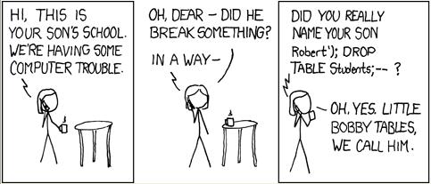 SQL Injection Source: http://xkcd.com/327/.