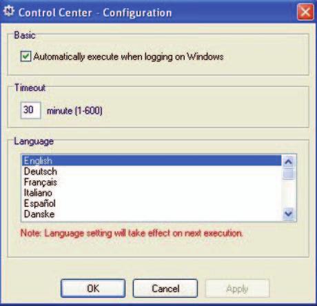 Configurare Control Center Selectaţi Tools (Instrumente) > Configuration (Configurare) pentru a afişa ecranul următor: Automatically execute when logging on Windows (Executare automată la conectarea