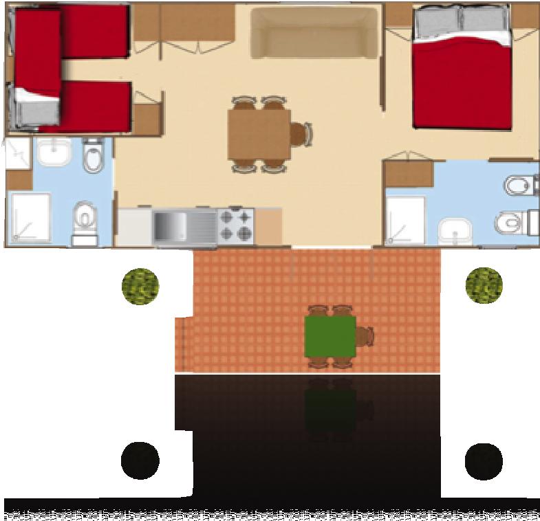 CASĂ MOBILĂ SUPERIOR Cu aer condiţionat 3 camere, 44 m 2 pentru Maxim 5 persoane Ce conţine: 1 pat dublu 2 paturi simple 1
