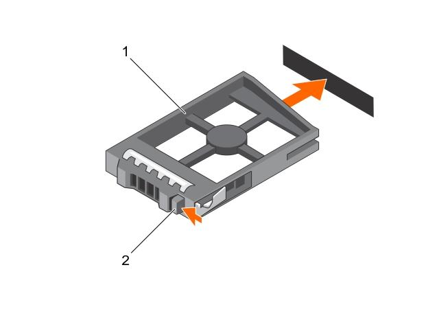 Figura 10. Scoaterea şi instalarea măştii unui hard disk de 2,5 inchi 1. masca hard diskului 2. butonul de deblocare Instalarea măştii unui hard disk de 2,5 inchi 1.