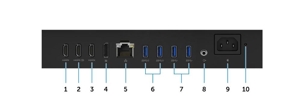 (opţional) 3 Port de ieşire HDMI (cu placă grafică integrată) 4 Port DisplayPort 5 Port de reţea 6 Porturi USB 3.