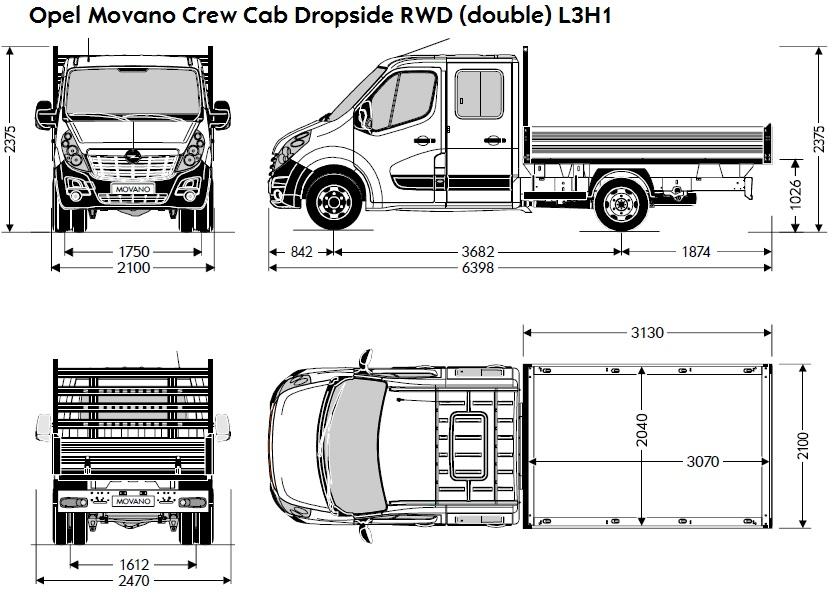 Opel Movano CV Date tehnice Dimensiuni caroserie tractiune spate (RWD) RWD (Simplu) Greutate maximă admisă (GVW) (kg) 3 5 3 5 4 5 3 5 4 5 Ampatament (mm) 4 332 3 682 3 682 4 332 4 332 Lungime totală