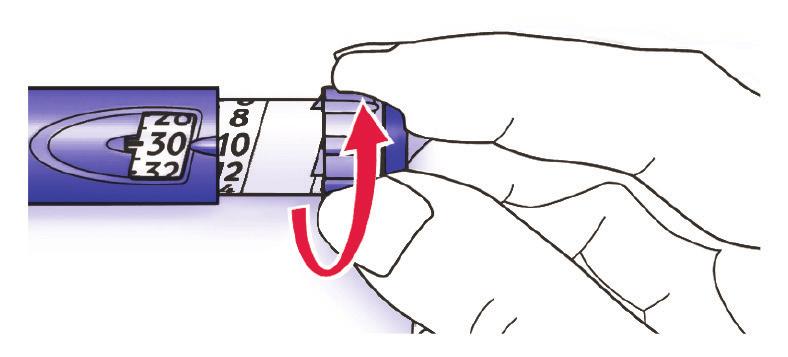 E. Apăsaţi până la capăt butonul injector. Verificaţi dacă apare insulină în vârful acului. S-ar putea să fie nevoie să faceţi testul de siguranţă de mai multe ori până să apară insulina.