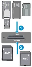 Carduri de memorie şi sloturi (continuare) - Sau - 1 Memory Stick Duo sau Pro Duo, Memory Stick Pro-HG Duo, sau Memory Stick Micro (este necesar adaptor) 2 Secure Digital (SD), Secure Digital Mini,