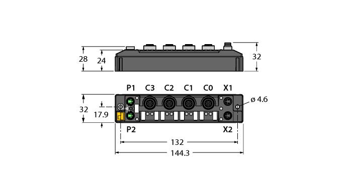 Carcasă armată cu fibră de sticlă Testat la şoc şi vibraţii Electronica modulului încapsulată în răşină Grade de protecţie IP65, IP67, IP69K Conector tată M8, 4 pini, pentru alimentare Fiecare canal