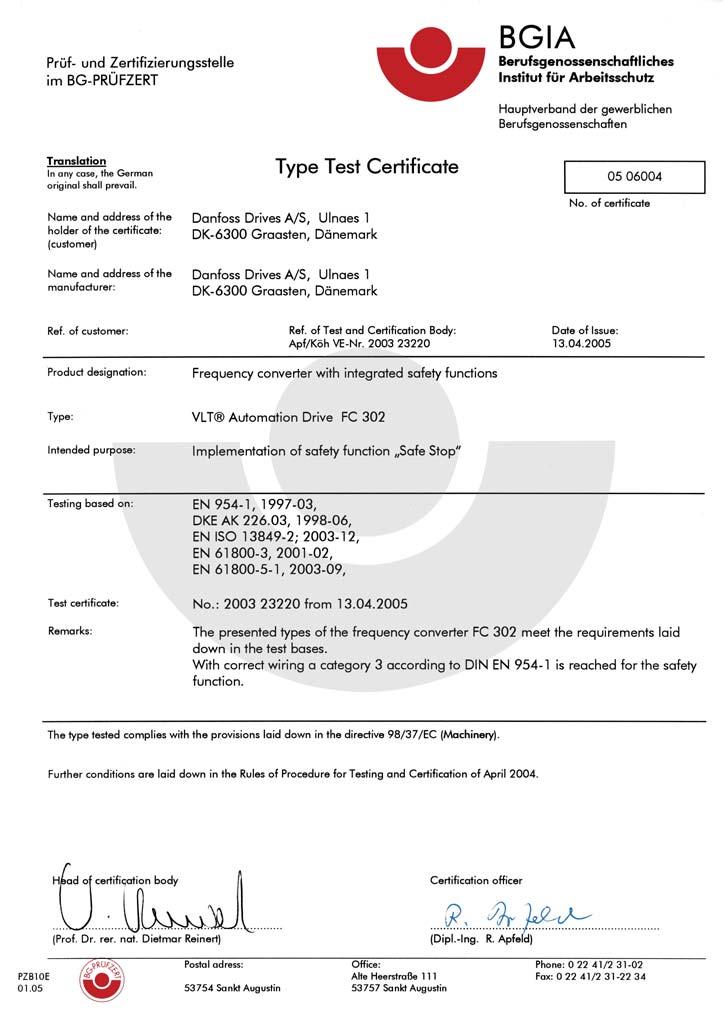 1 Siguranţă 1 130BA491 Acest certificat acoperă, de asemenea, şi FC 102