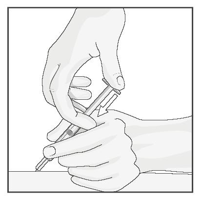 Când acul este introdus complet în piele, daţi drumul pielii. Cu mâna liberă, ţineţi seringa aproape de baza acesteia pentru a o stabiliza.