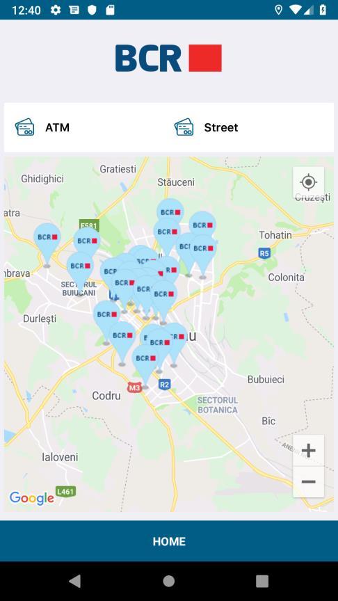 2.1.6 Locația Faceți clic pe pictograma Locația de pe ecranul de autentificare pentru a deschide locațiile ATM, Filialele și Agențiile de pe stradă, hibrid și vedere din satelit a Hărților.