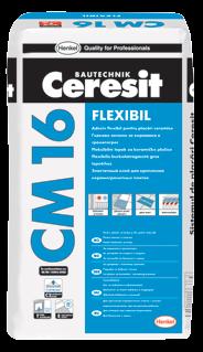 Ceresit CM 16 Adeziv flexibil pentru placãri ceramice ºi din piatrã naturalã 4Caracteristici: Adeziv flexibil Foarte uºor de aplicat; rezistenþã mare Pentru suprafeþe etanºate Pentru plãci